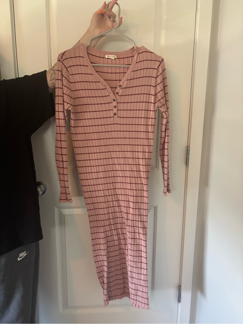 tea n rose Pink Striped Ribbed Henley Long Sleeve Midi Dress